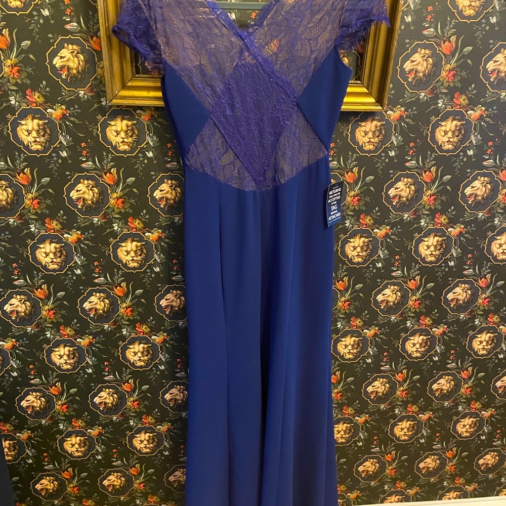 NWT BCBG formal lace and crepe blue dress. Floor length and size 4.